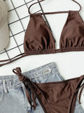 2026 Sexy Bikini Women Swimsuit Swimwear Brown Hollow Halter Double Ropes Bikinis Set Bathing Suit Beach Bikini Female Banadores