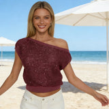 Women Long Sleeve Ribbed Hem and Cuffs Party Autumn Fashion T-shirt Tops Sequined Off Shoulder Knit Top