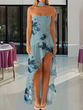 Women Flower Printed Tube Dress Summer Strapless Ruffles High Split Dress with Scarf for Party Cocktail Streetwear