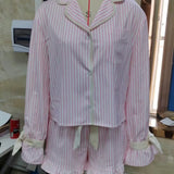 Women Spring Summer Striped Print Pajamas Set Long Sleeve Button-up Tops and Ruffle Shorts 2 Piece Sleepwear Outfit