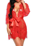See Through Lace Babydoll Women Sexy Lingerie Erotic Transparent V-Neck Nightwear Robe G-string Robe Sleepwear Dress