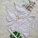 4 Colors New Sexy One Piece Swimsuit Swimwear Women Deep V-neck Hollow High Waist One-piece Bathing Suit Beachwear Metal Hoop