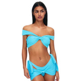 Women's 2 Piece Swimsuits Off Shoulder Strappy Bikini Set Solid Color Summer Bathing Suit with Coverup Skirt