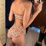 Flowers Printed Bandeau Female Swimsuit High Waist Bikini Women Swimwear Two-pieces Bikini set Bather Bathing Suit Swim V6613