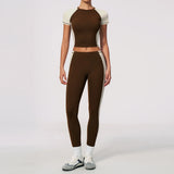 Nake Yoga Set Women's Tracksuit Color Contrast Short Sleeve Slim Sports T Shirts High Waist Leggings Fitness Clothes Gym Outfits