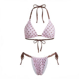 Women Summer 2 Pieces Bikini Swimsuits Dot Print Tie-Up Halter Neck Sleeveless Padded Bra Thong Bottoms Beach Bathing Suit Set