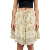 Women's Summer Bloomer Shorts Knee Length Floral Print Drawstring Elastic Waist Lace Trim Patchwork Casual Coquette Shorts