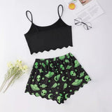 Sexy Alien Print Sling Sleepwear Women's Pajamas Set V-Neck Pyjamas Female Homewear Sleeveless Cute  Top And Shorts