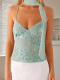 Women Camisoles Sequins Beaded Flower Embroidery V-Neck Casual Camis Tops Summer Fashion Sleeveless Crop Tops with Choker Scarf
