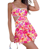 Women's Summer Fashion Open Back Mini Cami Dress Sleeveless Cutout Floral Print Spaghetti Strap Dresses