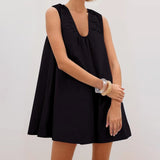 Women Summer Solid Color V Neck Loose Tank Dress Sleeveless Beach Mini Dresses with Pocket