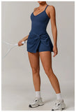 Summer Tennis Dress Women Sleeveless V Neck Slim Skirt Pleate Twisted Design Crossed Hollow Out Sports Yoga Golf Skirt Badminton