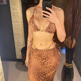 XS - L Leopard With Skirt Halter Bikini Female Swimsuit Women Swimwear Three-Pieces Bikini Set Bather Bathing Suit Swim V6630