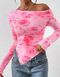 Women's Off-Shoulder Ruffled Sleeve Long-Sleeve Top with Asymmetrical Tie-Dye Mesh Asymmetrical Pleated Floral Print T-Shirt