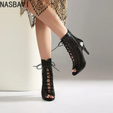 Plus Size Women Patent Leather Mesh Spliced Ankle Boots Back Zipper Peep Toe Lace Up Stiletto High Heels Hollow Out Summer Booti