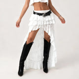 Summer Women Flower Lace Long Skirt Elastic High Waist Layered Ruffle Irregular Skirt Streetwear
