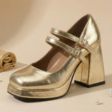 Big Size 32-46 Y2K Metallic Mary Jane High Heels Women Shoes Round Toe Double Straps Rhinestone Buckle Platform Block Heel Pumps