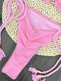 Sexy solid color special fabric swimsuit women's split bikini set woven rope hanging neck beach swimwear