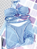 Wrap Around with Mesh Sarong Skirt Bikini Female Swimsuit Women Swimwear Three-pieces Bikini Set Beachwear Bathing Suit Swim