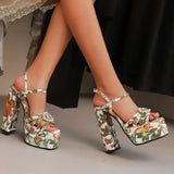 Ethnic Bohemia Sandals Women 2026 Summer Shoes Flower Print Ankle Strap Platform Block High Heels Crystal Pearl Studded