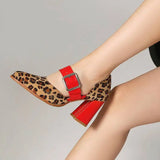 Spring  Autumn New Model Fashion High Heels Nude Shoes Color Blocking Pointed Tip Buckle Leopard Print Sexy Party Women's Shoes