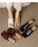 Luxe  Square Toe Slide Sandals Premium Leather One Strap Mules Chunky Sole Backless Loafers Dressy Casual Summer Shoes