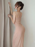 Women's Nude Slip Dress Sexy Side Slit Lingerie Dress Spaghetti Strap Bodycon Sheath Nightdress Minimalist Elegant Fashion