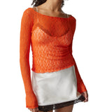 Sexy Lace Hot Girl Crop Tops Fashion Women Spring Autumn Long Sleeve Slim Fit Sheer T-Shirts Casual Streetwear Solid Basic Tees
