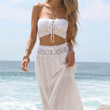 S - XL Bandeau Crochet Knitted 2 Pieces Suits Tunic Beach Cover Up Cover-ups Beach Dress Beach Wear Beachwear Female Women V8218