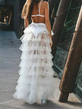 White Ruffled Tiered Tulle Over Wrap Skirts Women Sheer Mesh Summer Maxi Skirt Low Long Beach Tulle Skirt Bridal Detachable FR8E