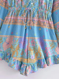Long Sleeve Spring Summer Short Jumpsuit Women Printed Bohemian Wide Leg Playsuit Female Romper Ruffles Rayon Boho Overalls 2025