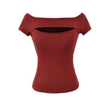 Korean Style Goddess Off-Shoulder Casual Elegant Sexy Hot Girl Top Women Hollow Out Short Sleeved Solid Color T-Shirt Charm 7O4B