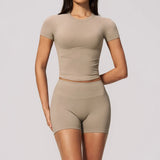 Seamless Yoga Sets Women Short Sleeve O Neck Slim Sports T Shirts Gym Outfits Abdominal Compression Shorts Running Fitness Suit