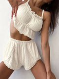 Women 2 Piece Pajama Set Lace Trim Camisole Shorts Textured Hollow Out Summer Sleepwear Lightweight Home Loungewear
