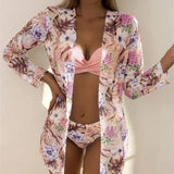 Boho Style Women's 3 Pieces Swimsuit Floral Bikini Set+Long Sleeve Cover-Up Swimwear Sexy Low Waist Tankinis Beachwear Holiday