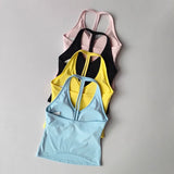 Women's Summer V-Neck Yoga Sports Vest Hanging Back Neck Design Outdoor Running Training Gathered Fit Active Wear Top