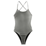 2026 New Silver Shiny Leather One Piece Swimsuit Women,U-neck Suspender Bikini,cross Strape Backless Monokini Summer Beachwear