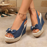 Retro Denim Wedge Heeled Sandals Women Plus Size 43 Bowknot Chunky Platform Sandalias Mujer Back Strap Thick Sole Summer Sandles