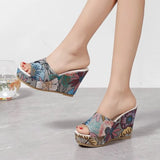 2026 Peep Toe Women's Slippers Fashion Print Wedges High Heels Shoes Casual Slippers Women Summer