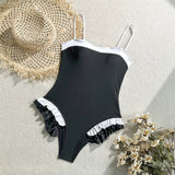 Ruffled Frilled Splicing One Piece Swimsuit Women Swimwear Female Monokini High Leg Cut Padded Bather Bathing Suit Swim V7414