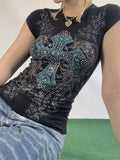 Women Summer T-shirt Rhinestone Retro Print Short Sleeve Round Neck Slim Fit Tee Tops Gothic Punk Shirts