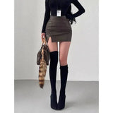 Mature Pure Desire Sexy High Waist Hip Slit Anti-Exposure Bodycon PU Leather Mini Skirt Fashion Sexy Women Mini Skirts 99JO