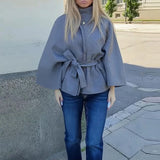 Phantasy Elegant Grey Lace Up Woolen Coats Women Stand Collar Full Sleeve Jackets Autumn Winter Outerwear Female Tops 2025