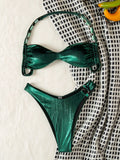 Sexy Green Bead String Halter Bikini Swimsuit Woman 2025 Metal Ring Swimwear Bathing Suit Bikinis Sets De Mujer Thong Biquinis