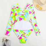 2026 Long Sleeves Swimsuit One Piece Backless Printed Swimwear Women Bathers Bathing Swimming Swim Suit Padded Beachwear Summer