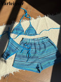 New Sexy Striped Halter Bikini Women Swimwear Three-pieces Bikini set With Shorts Female Swimsuit Bathing Suit Bather Swim V6326