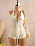 Vintage Yellow Polka Dot Print Bikini Set 2026 Women Metal Sun Ornament Mesh Tank Top High Waist Swimsuit Bathing Suit Swimwear