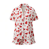 Women 2 Pieces Christmas Pajamas Sets V Neck Short Sleeve Christmas Themed Print Tops and Drawstring Waist Shorts Satin Suits