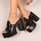 Black Chunky High Heeled Sandals Women Summer Plus Size 43 Peep Toe Platform Sandles Woman Pu Leather Thick Heel Slippers Female