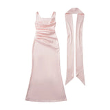 Pure Desire Style Collarbone-revealing Strapless Long Dress Feminine And Slim-fitting With Pleated Waist Tie Straps Bodycon LWIO